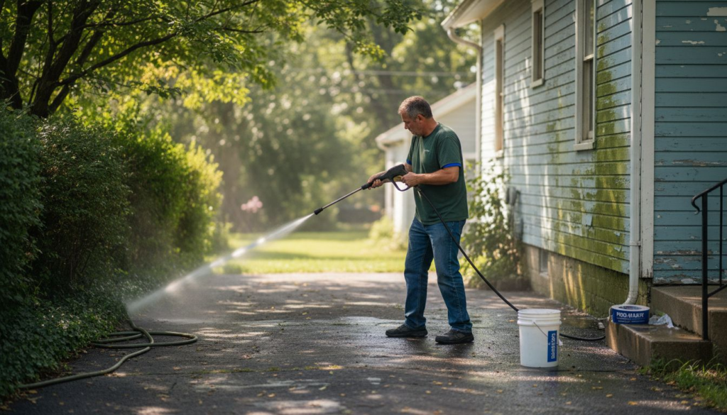 Homeowner pressure washing painted house exterior