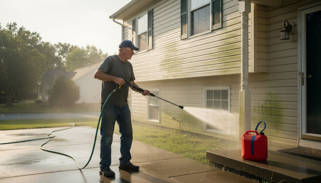 Homeowner pressure washing suburban home siding