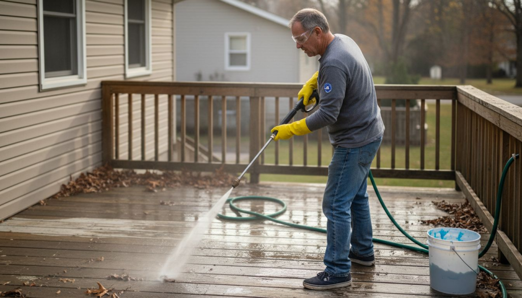 Man pressure washing deck in safety gear